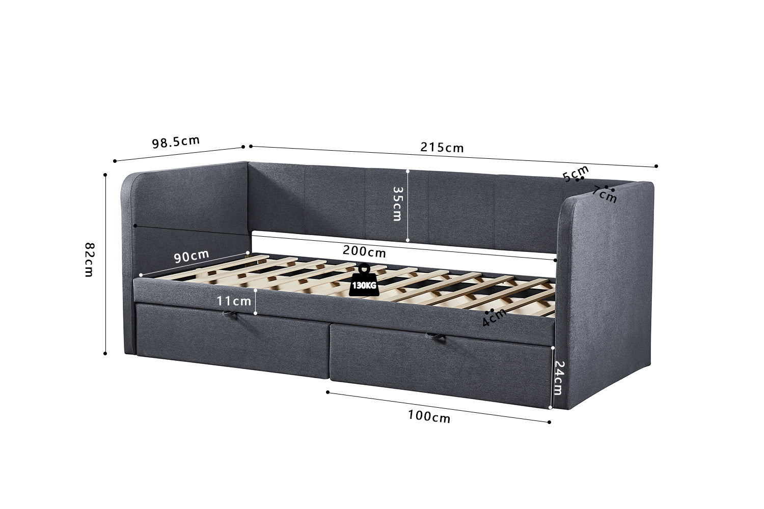 Bed Pamina 90x200 met lattenbodem Grijs